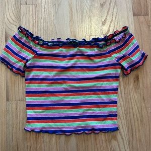 Colorful rainbow striped crop top with navy lettuce hem size large